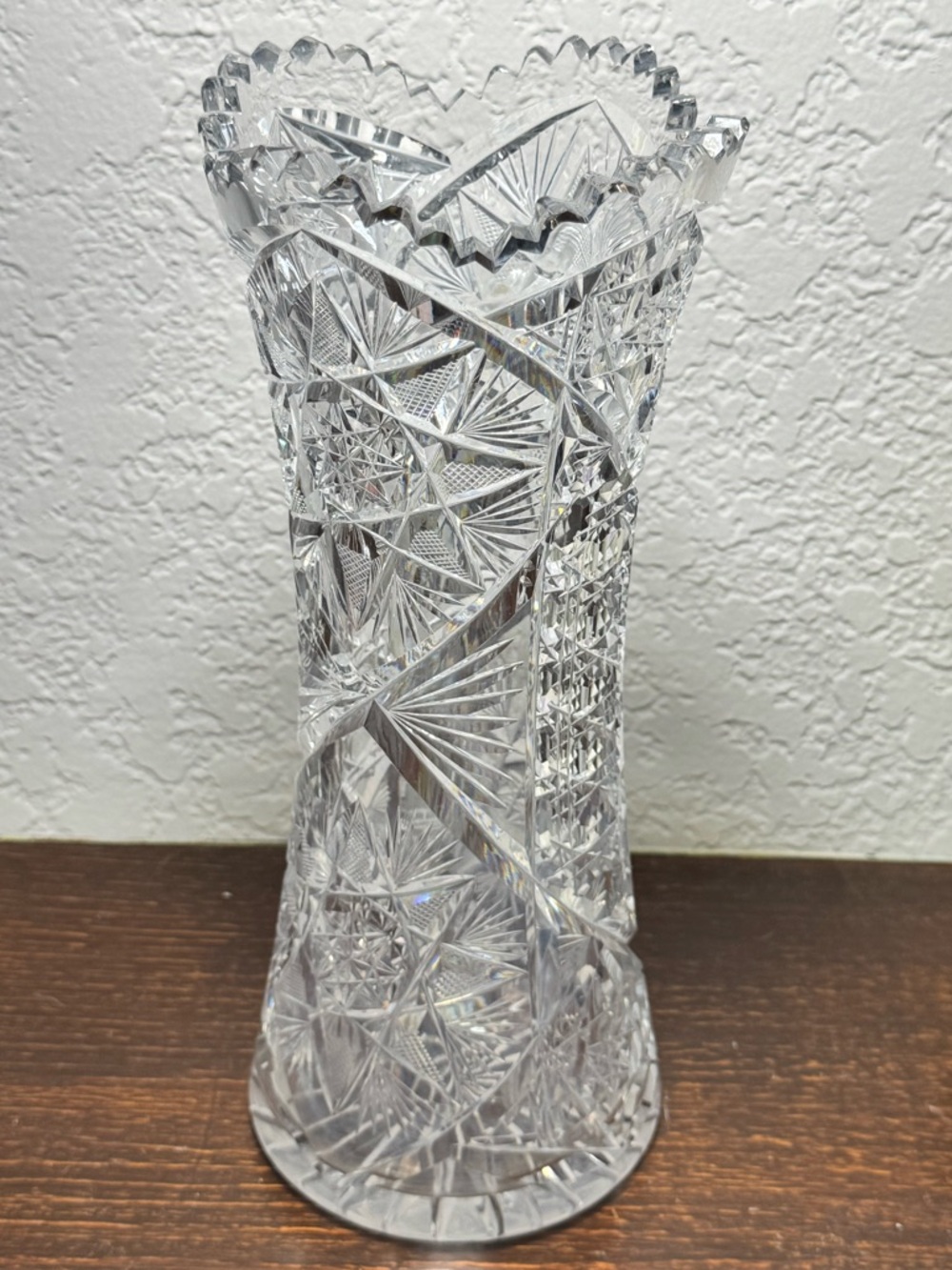 Antique American Brilliant Period Cut Glass Corset Vase 10” Tall Crystal